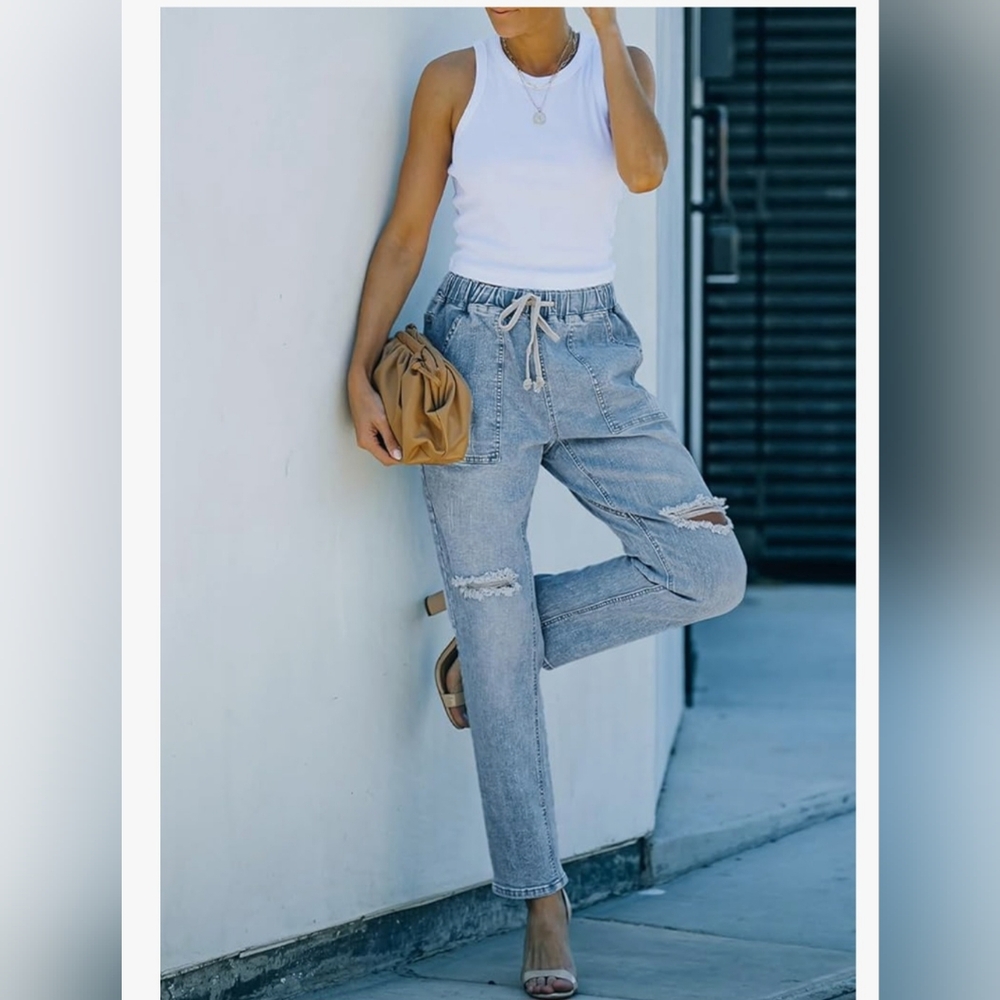 Womens Cargo Jeans Ripped Denim Joggers Elastic Drawstring Waist Pull On Skyblue - Picture 4 of 7